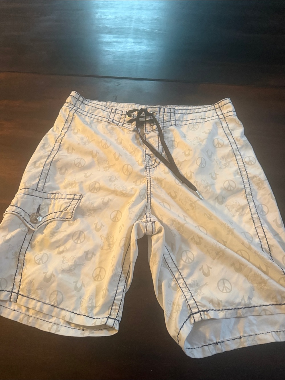 True Religion White Swim Board Shorts with Peace Print